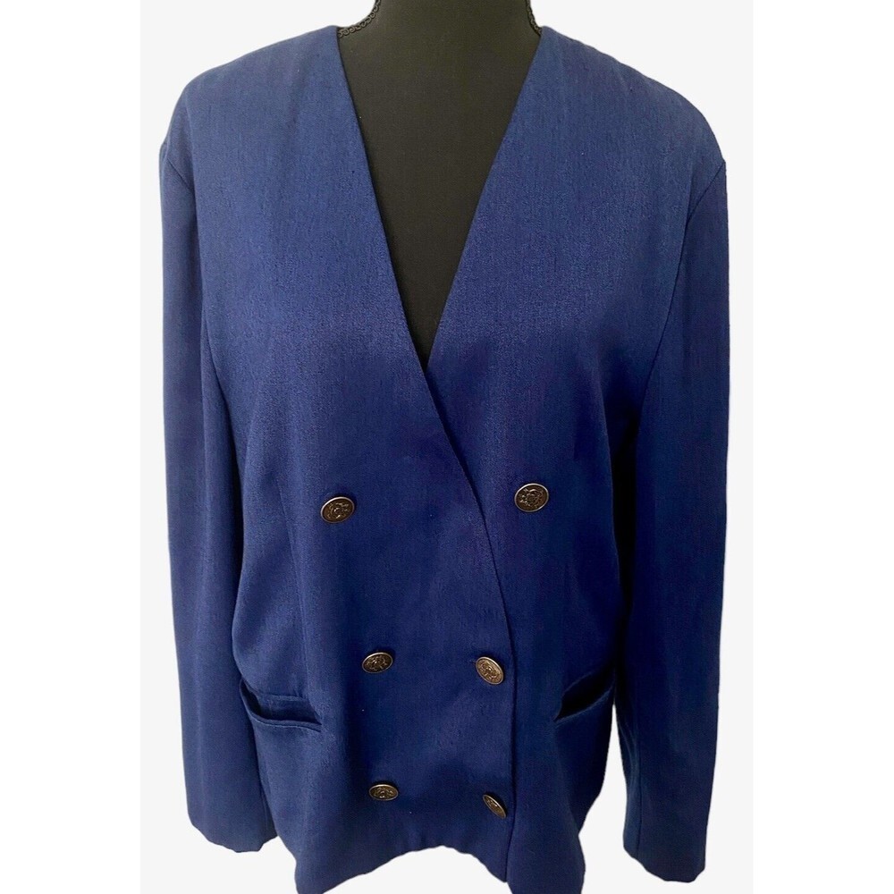 Norton McNaughton Double Breasted Insignia Brass Buttons Blazer Vneck Blue 16